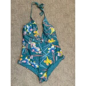 ModCloth Women's Teal Floral Print One Piece Swimsuit Halter Neck‎ - Large